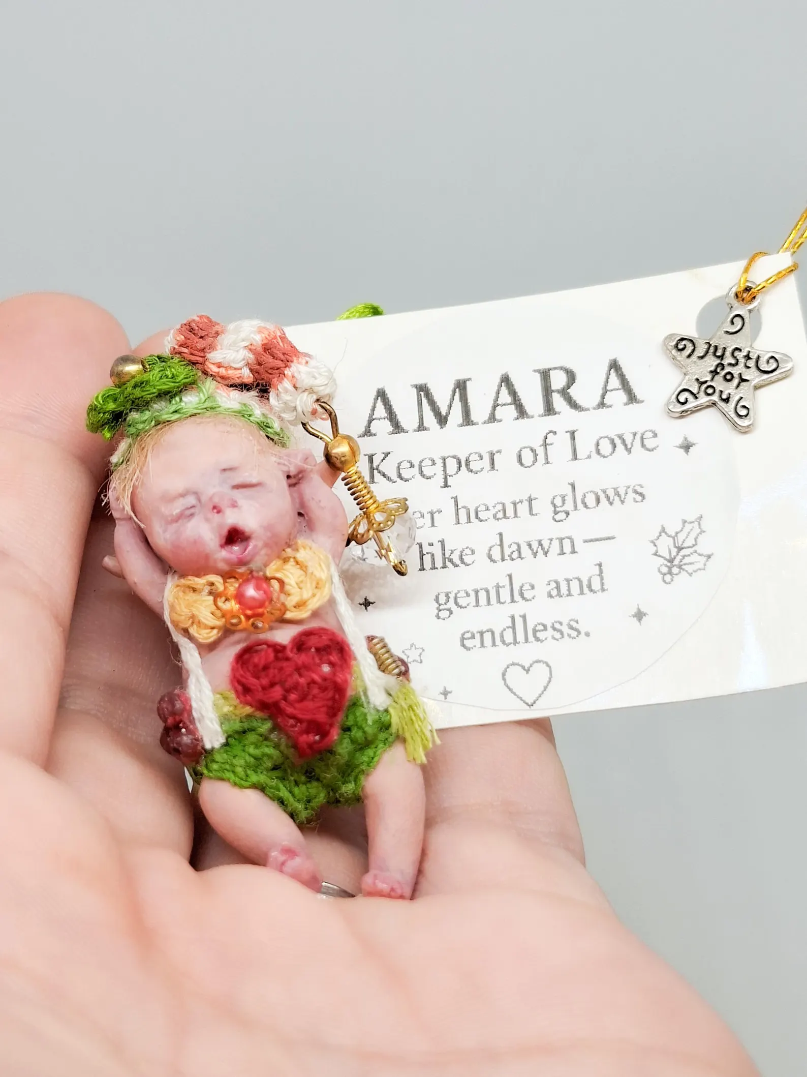 AMARA - Lightkeeper of Love: Limited edition 1:12 scale OOAK resin art doll. Hand-sculpted miniature guardian figure embodying love and inner light.