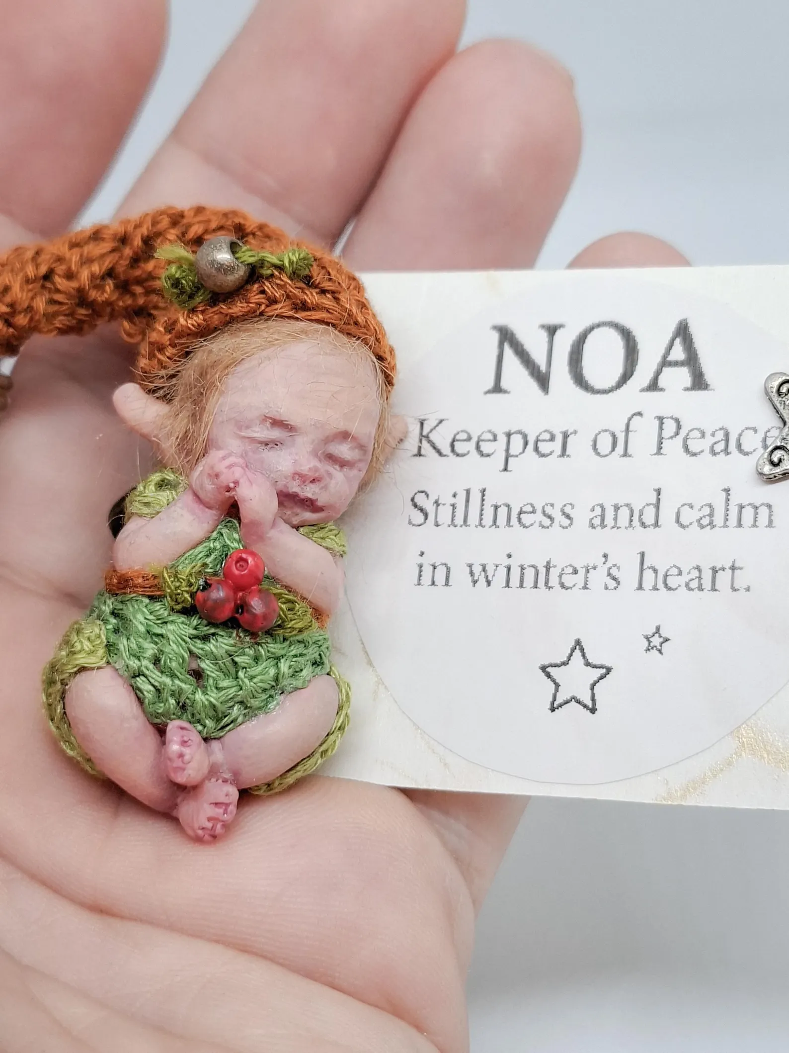 NOA - Lightkeeper of Peace: Limited edition 1:12 scale OOAK resin art doll. Hand-painted miniature guardian figure symbolizing warmth and peace.