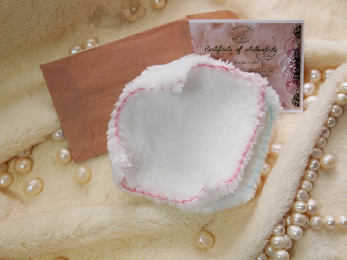 OOAK miniature baby doll packaging display with certificate of authenticity and felt heart pillow with pink trim - by Mini Baby Dolls