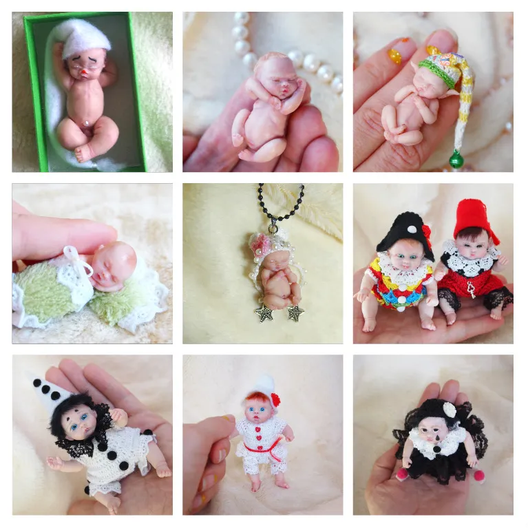 Photo grid collage of diverse OOAK miniature dolls including gnomes, pirates, snowmen, and character dolls in various costumes - by Mini Baby Dolls