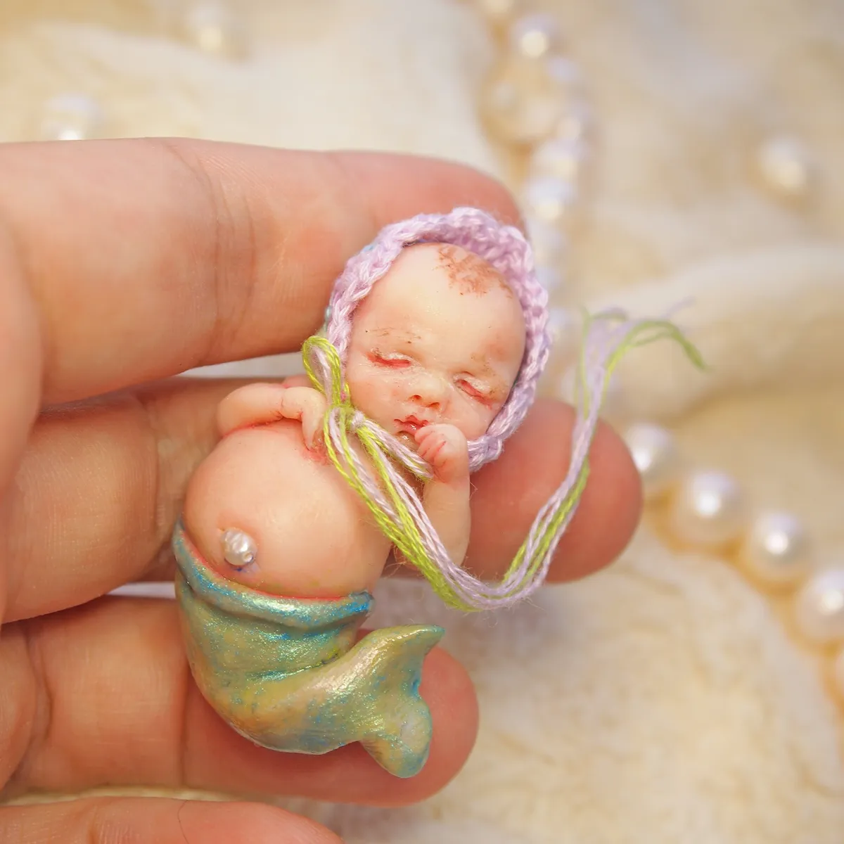 Magical OOAK miniature mermaid baby doll with iridescent blue-green tail finishing in delicate fins, displayed with pearl beads on soft fabric - by Mini Baby Dolls