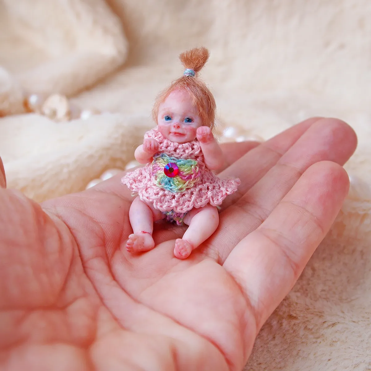 Adorable sitting OOAK miniature baby doll with red-ginger hair and blue eyes, wearing a handmade pink crocheted dress with colorful flower details, displayed in palm - by Mini Baby Dolls