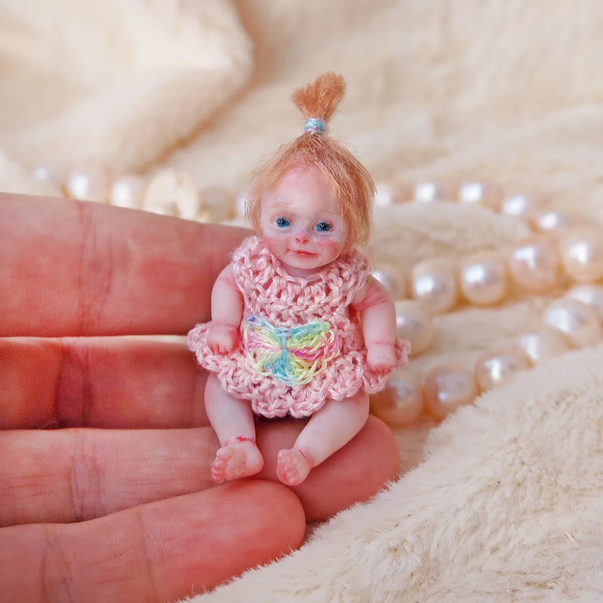 Standing OOAK miniature baby doll with red-ginger hair and blue eyes, wearing a pink crocheted dress with colorful rainbow heart pattern, displayed with pearl beads - by Mini Baby Dolls